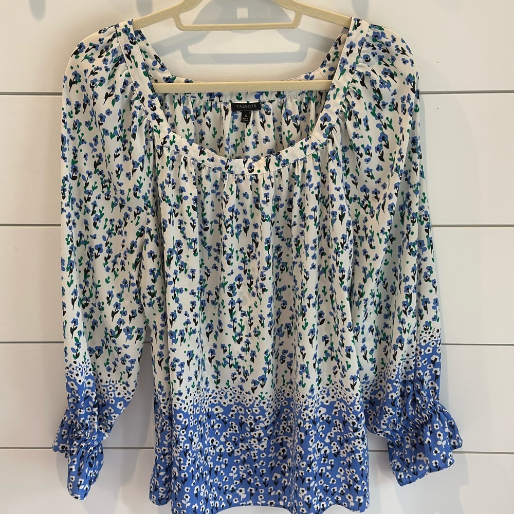 Talbots XL Boho Floral Peasant Top Blue White Green 3/4 Ruffled Hem Sleeve